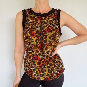 DIMRI leopard fire ruffle trim button up front sleeveless blouse size medium